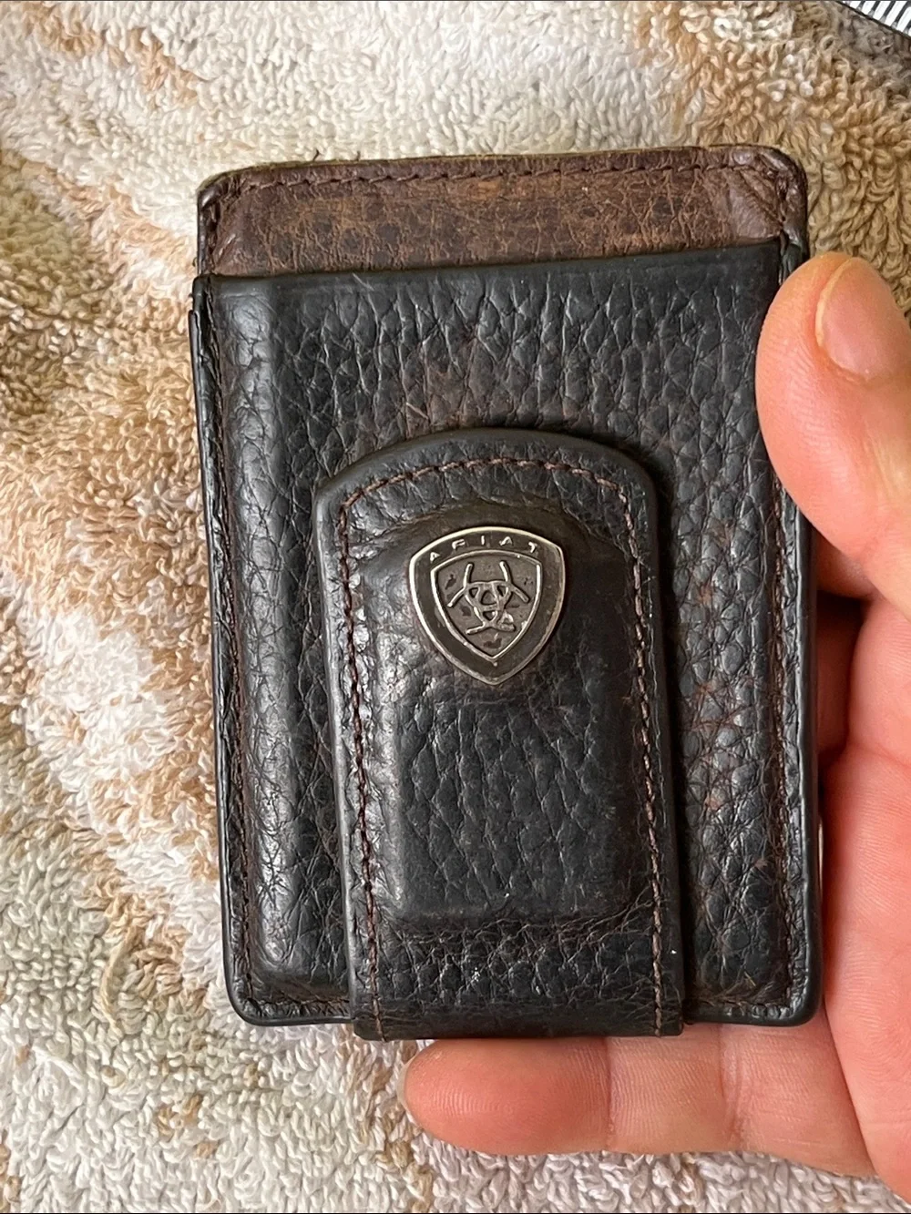 Ariat Dark Brown Leather Money Clip with Silver Shield Emblem